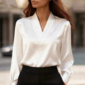 Lucille - Women's V-Neck Satin Blouse with Puffed Sleeves