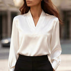Lucille - Women's V-Neck Satin Blouse with Puffed Sleeves