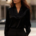 Lucille - Women's V-Neck Satin Blouse with Puffed Sleeves