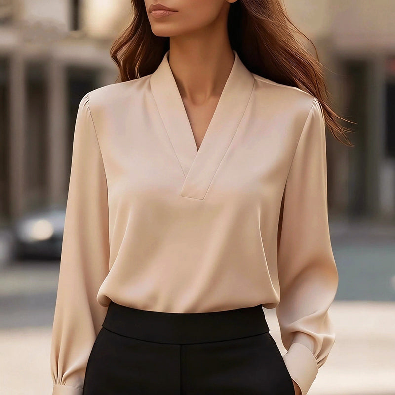 Lucille - Women's V-Neck Satin Blouse with Puffed Sleeves