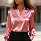 Lucille - Women's V-Neck Satin Blouse with Puffed Sleeves