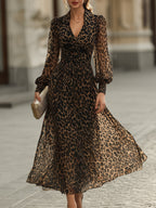 Lucinda - Women's Animal Print Wrap Midi Dress with Gathered Cuffs
