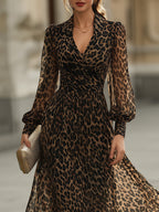 Lucinda - Women's Animal Print Wrap Midi Dress with Gathered Cuffs