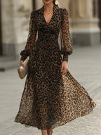 Lucinda - Women's Animal Print Wrap Midi Dress with Gathered Cuffs