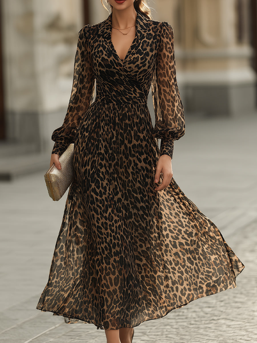 Lucinda - Women's Animal Print Wrap Midi Dress with Gathered Cuffs