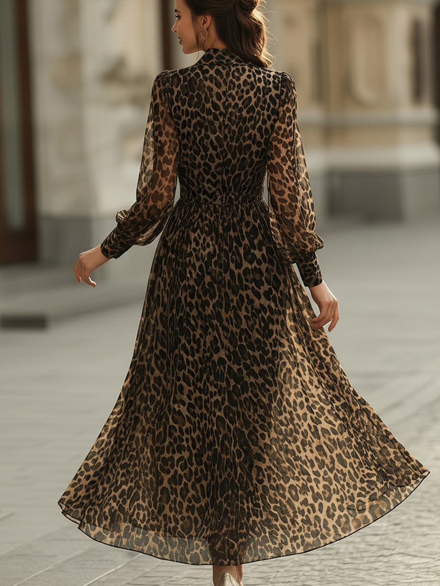 Lucinda - Women's Animal Print Wrap Midi Dress with Gathered Cuffs