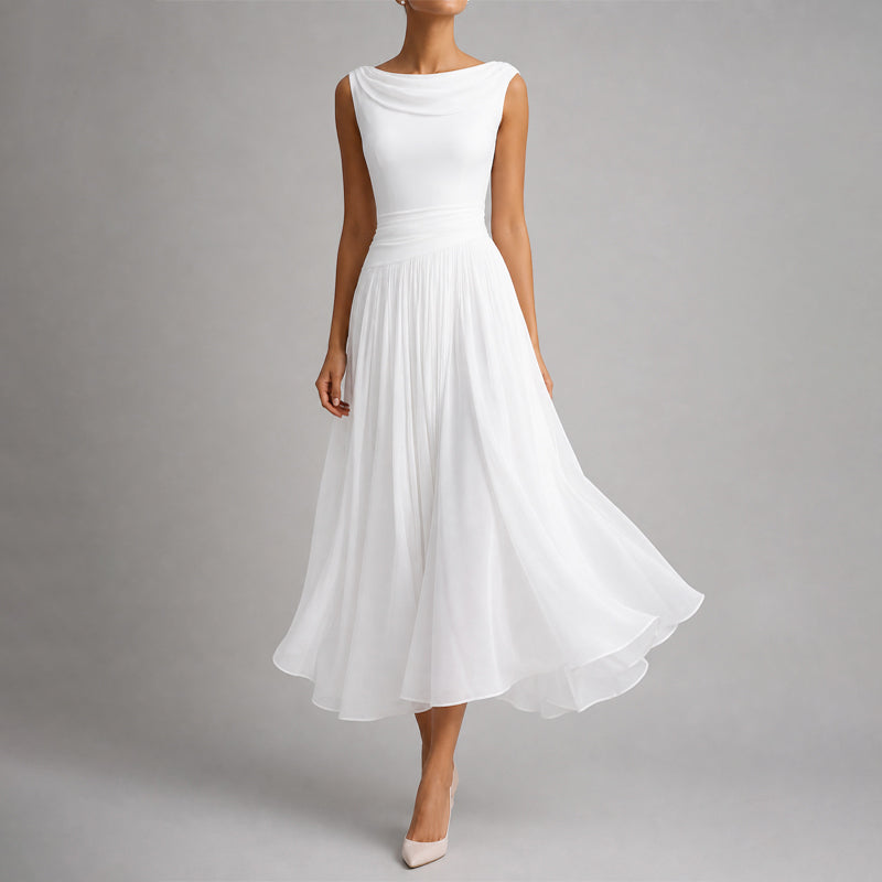 Lucinda - Women's Draped Boat Neck A-Line Midi Dress