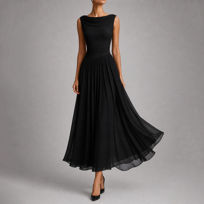 Lucinda - Women's Draped Boat Neck A-Line Midi Dress