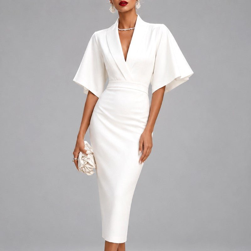 Lucinda - Women's Wrap Front Cape Sleeve Midi Dress 1