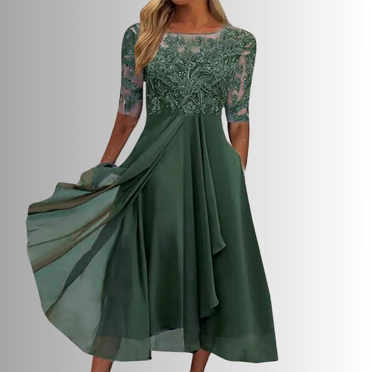 Lucy - Women's Lace Bodice Chiffon Midi Dress