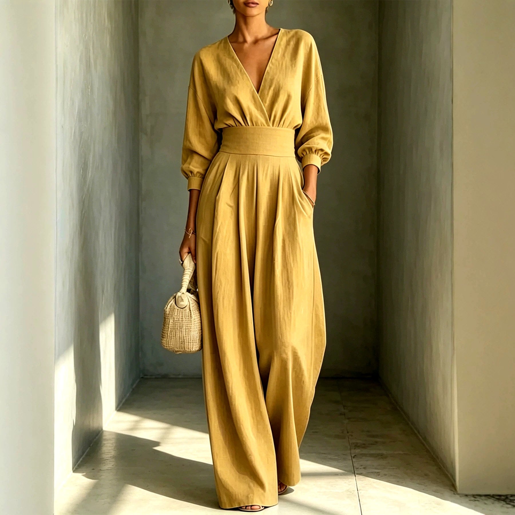 Lucy - Women's V-Neck Bishop Sleeve Wrap Jumpsuit 2