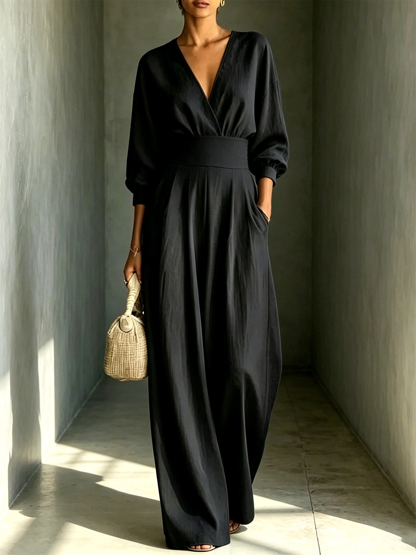 Lucy - Women's V-Neck Bishop Sleeve Wrap Jumpsuit 3