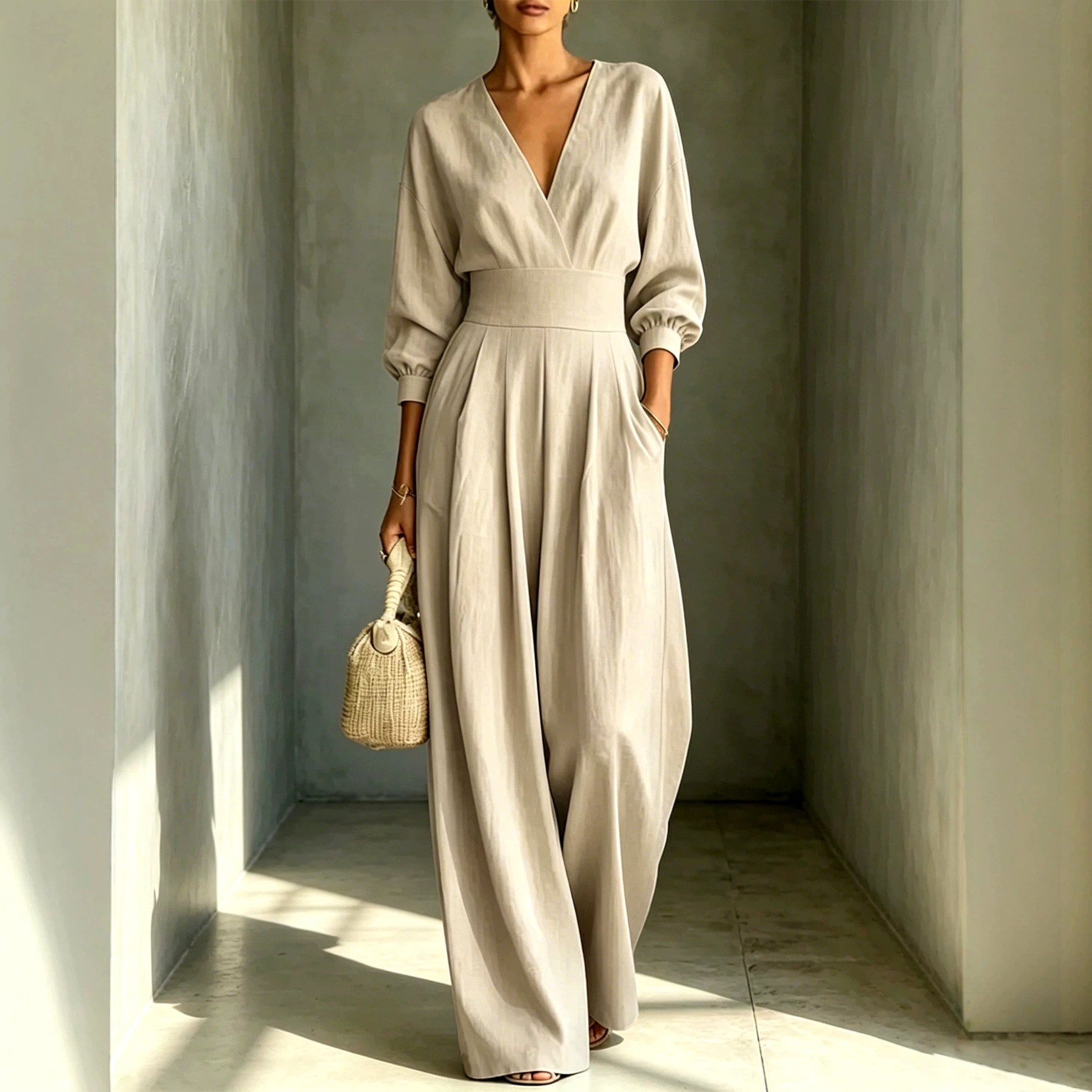 Lucy - Women's V-Neck Bishop Sleeve Wrap Jumpsuit 4