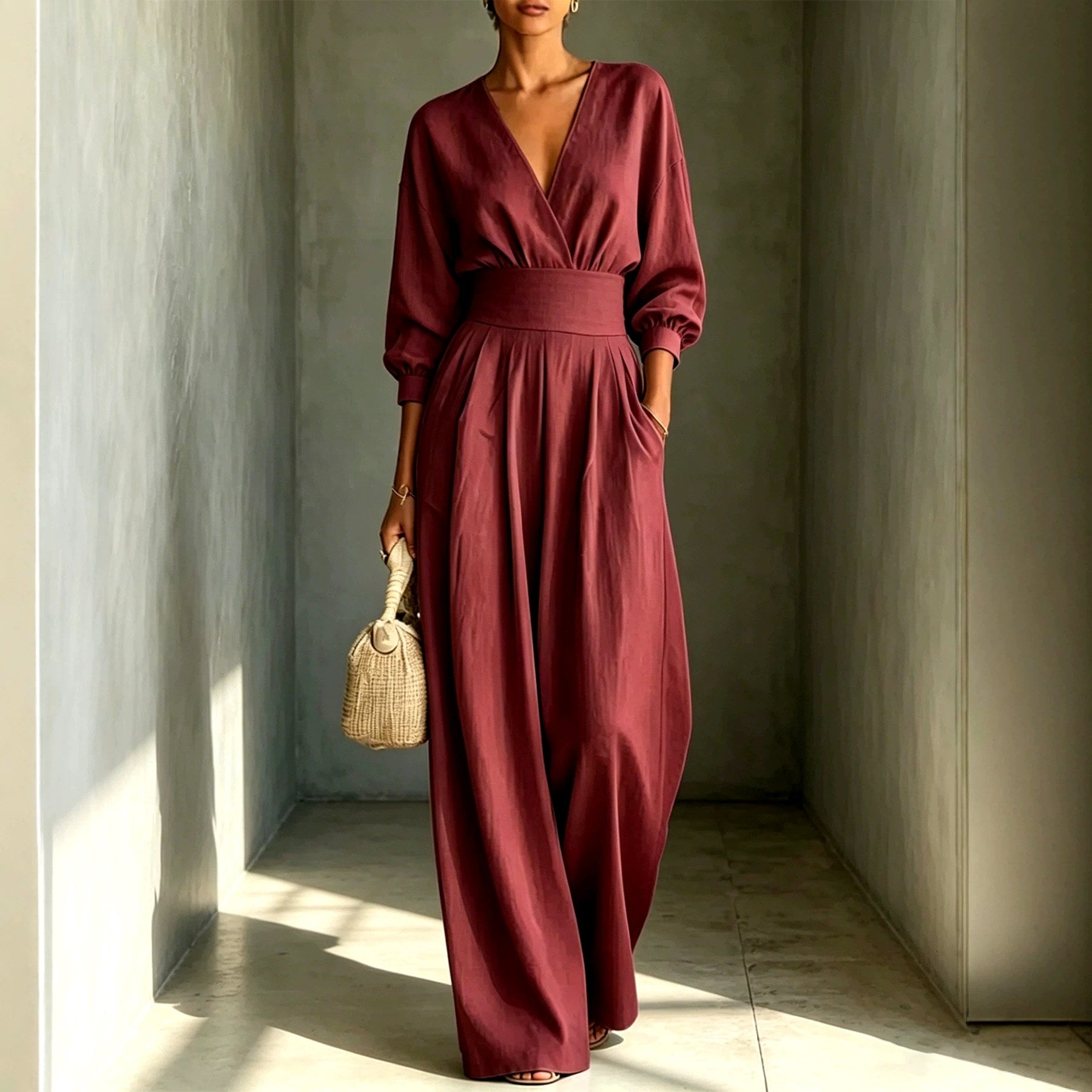 Lucy - Women's V-Neck Bishop Sleeve Wrap Jumpsuit 5