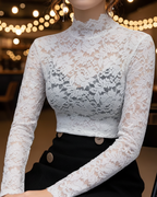 Macey - Women's Floral Lace Mock-Neck Blouse
