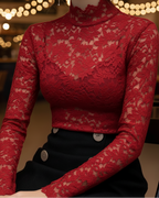 Macey - Women's Floral Lace Mock-Neck Blouse
