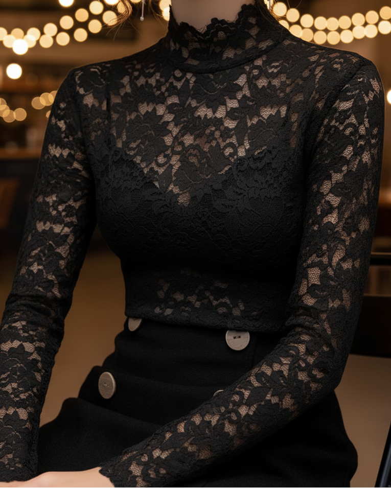 Macey - Women's Floral Lace Mock-Neck Blouse