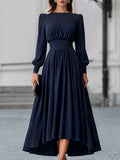 Margot - Women's Bateau Neckline A-Line Midi Dress with Bishop Sleeves