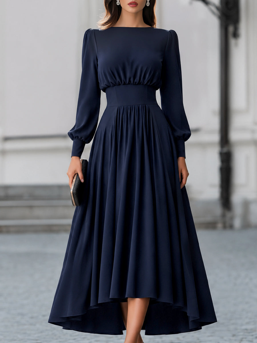 Margot - Women's Bateau Neckline A-Line Midi Dress with Bishop Sleeves