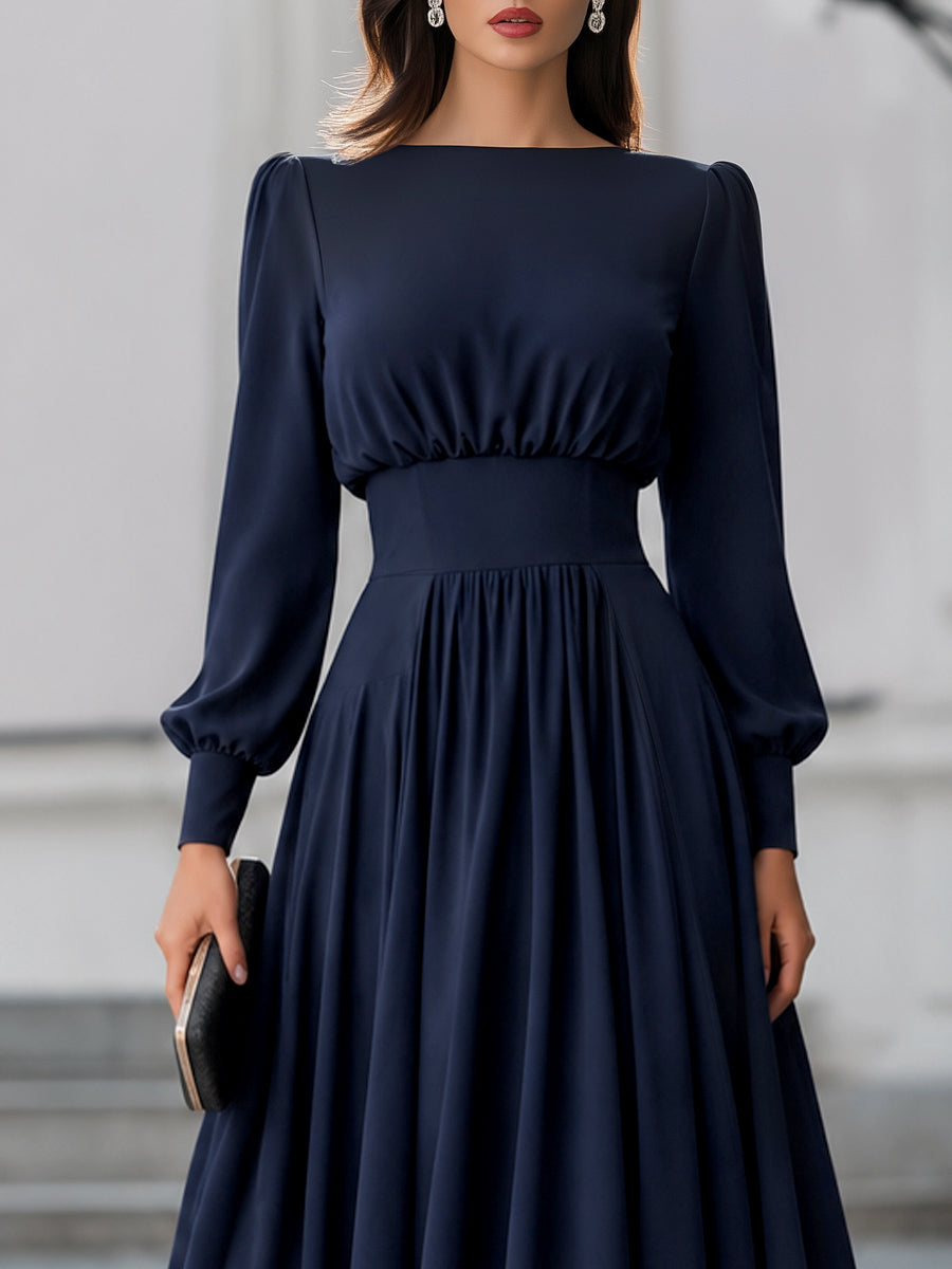 Margot - Women's Bateau Neckline A-Line Midi Dress with Bishop Sleeves