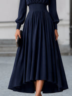 Margot - Women's Bateau Neckline A-Line Midi Dress with Bishop Sleeves
