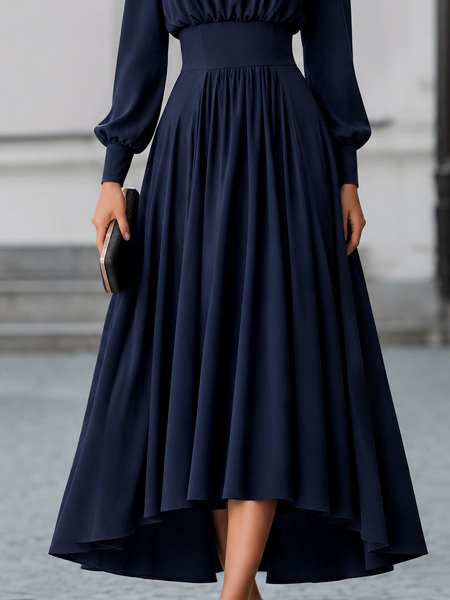 Margot - Women's Bateau Neckline A-Line Midi Dress with Bishop Sleeves