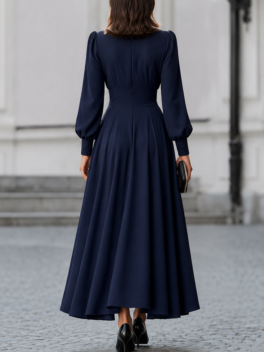 Margot - Women's Bateau Neckline A-Line Midi Dress with Bishop Sleeves