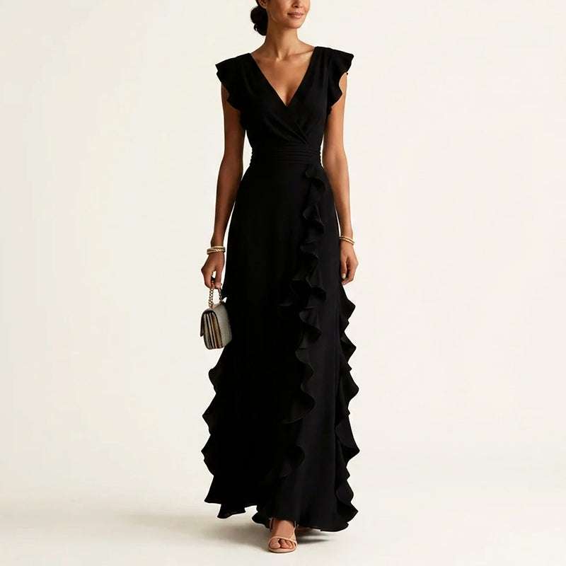 Marguerite - Women's Wrap V-Neck Ruffle Maxi Dress