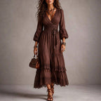 Marguerite - Women's V-Neck Puff Sleeve Trim Maxi Dress 1