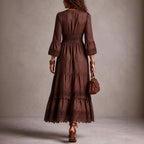 Marguerite - Women's V-Neck Puff Sleeve Trim Maxi Dress 2