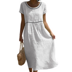 Mariel - Women's Linen-Look A-Line Midi Dress with Eyelet Trim