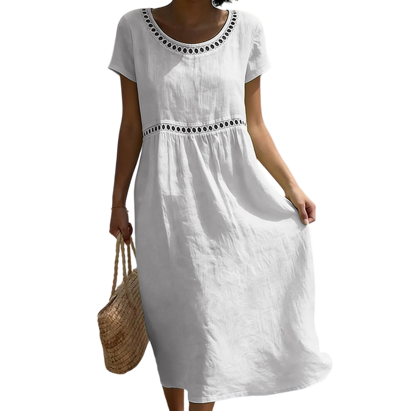 Mariel - Women's Linen-Look A-Line Midi Dress with Eyelet Trim