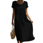 Mariel - Women's Linen-Look A-Line Midi Dress with Eyelet Trim