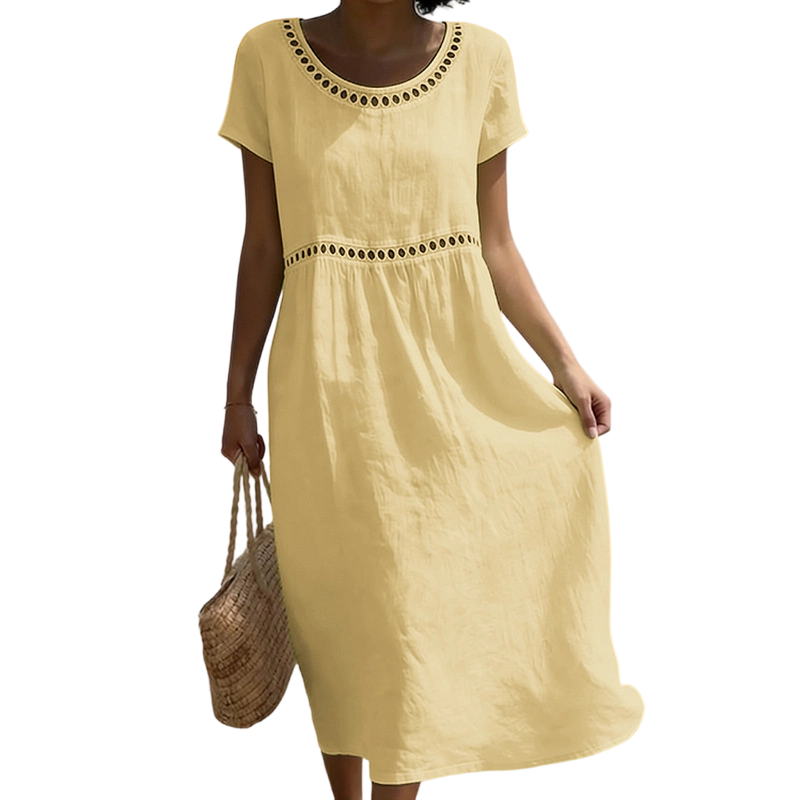 Mariel - Women's Linen-Look A-Line Midi Dress with Eyelet Trim