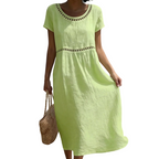 Mariel - Women's Linen-Look A-Line Midi Dress with Eyelet Trim