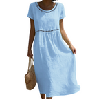 Mariel - Women's Linen-Look A-Line Midi Dress with Eyelet Trim