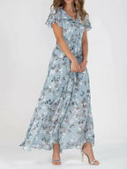 Marilyn - Women's Floral V-Neck Flutter-Sleeve Maxi Dress