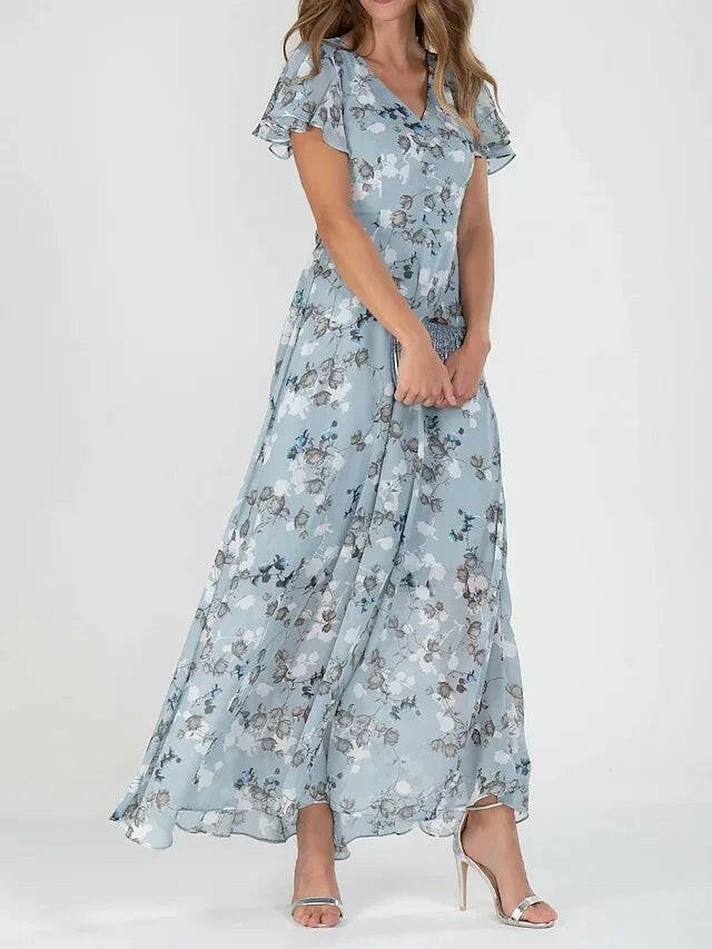 Marilyn - Women's Floral V-Neck Flutter-Sleeve Maxi Dress