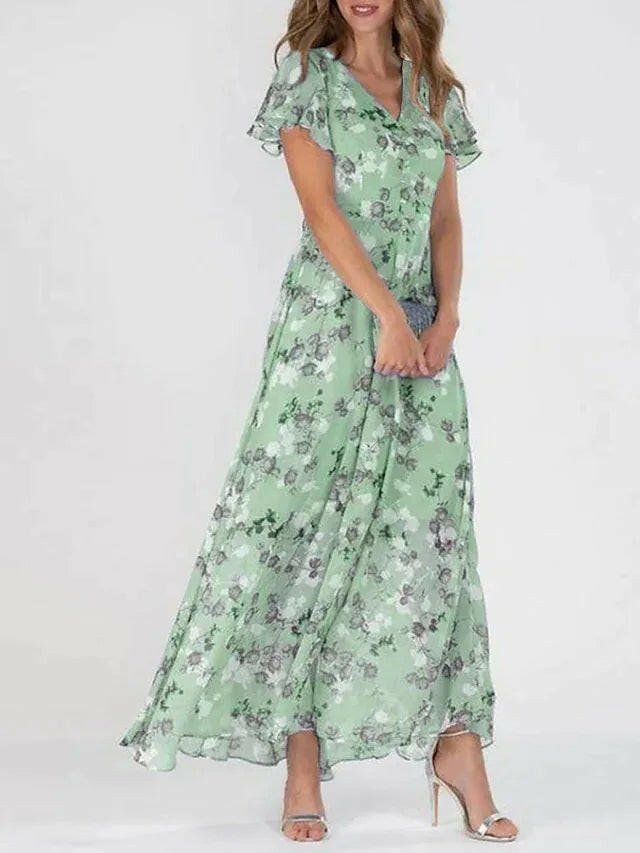 Marilyn - Women's Floral V-Neck Flutter-Sleeve Maxi Dress