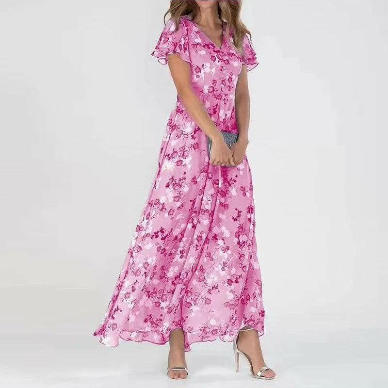 Marilyn - Women's Floral V-Neck Flutter-Sleeve Maxi Dress