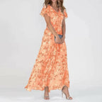 Marilyn - Women's Floral V-Neck Flutter-Sleeve Maxi Dress