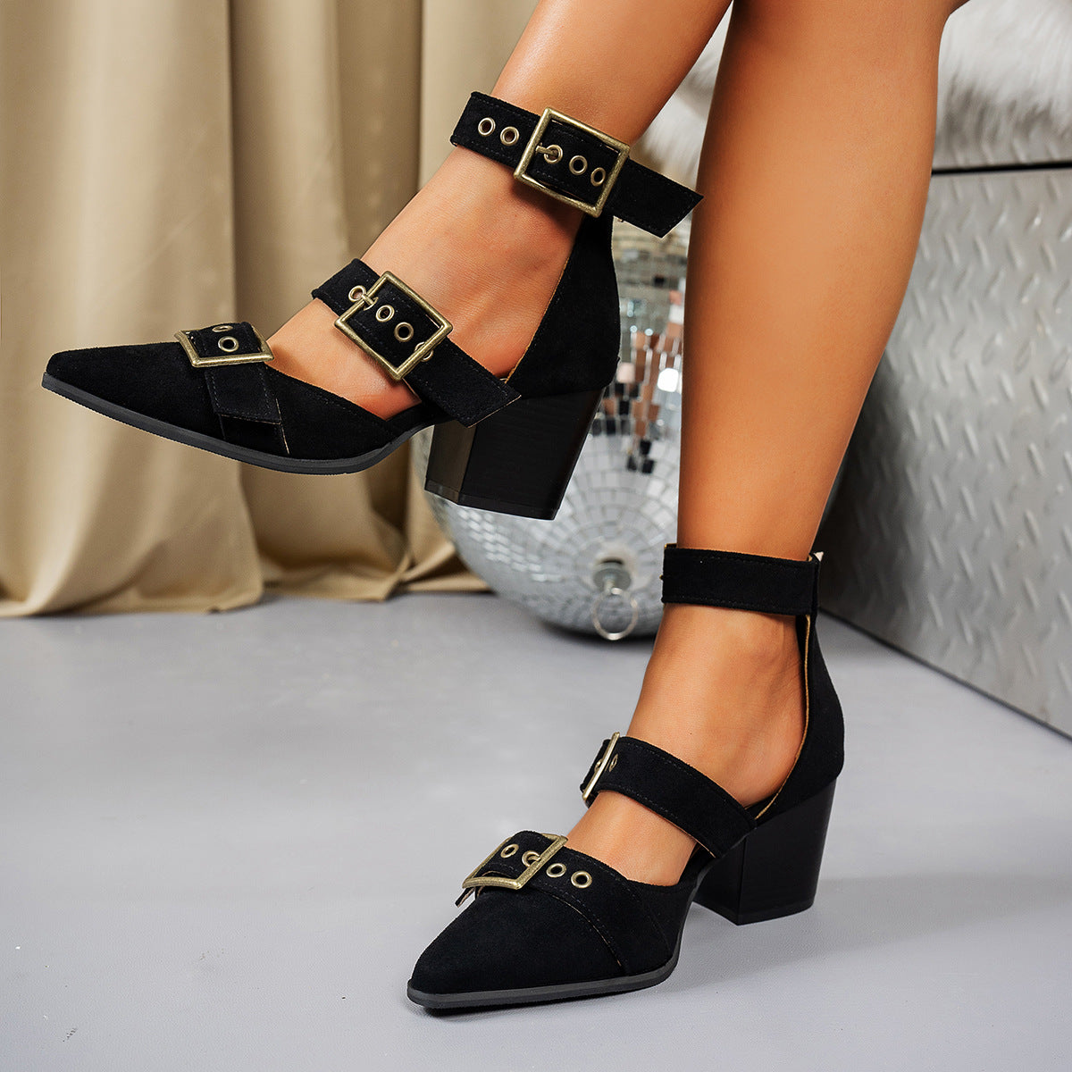 Marina - Women's Buckle-Strap Suede Pointed-Toe Heels