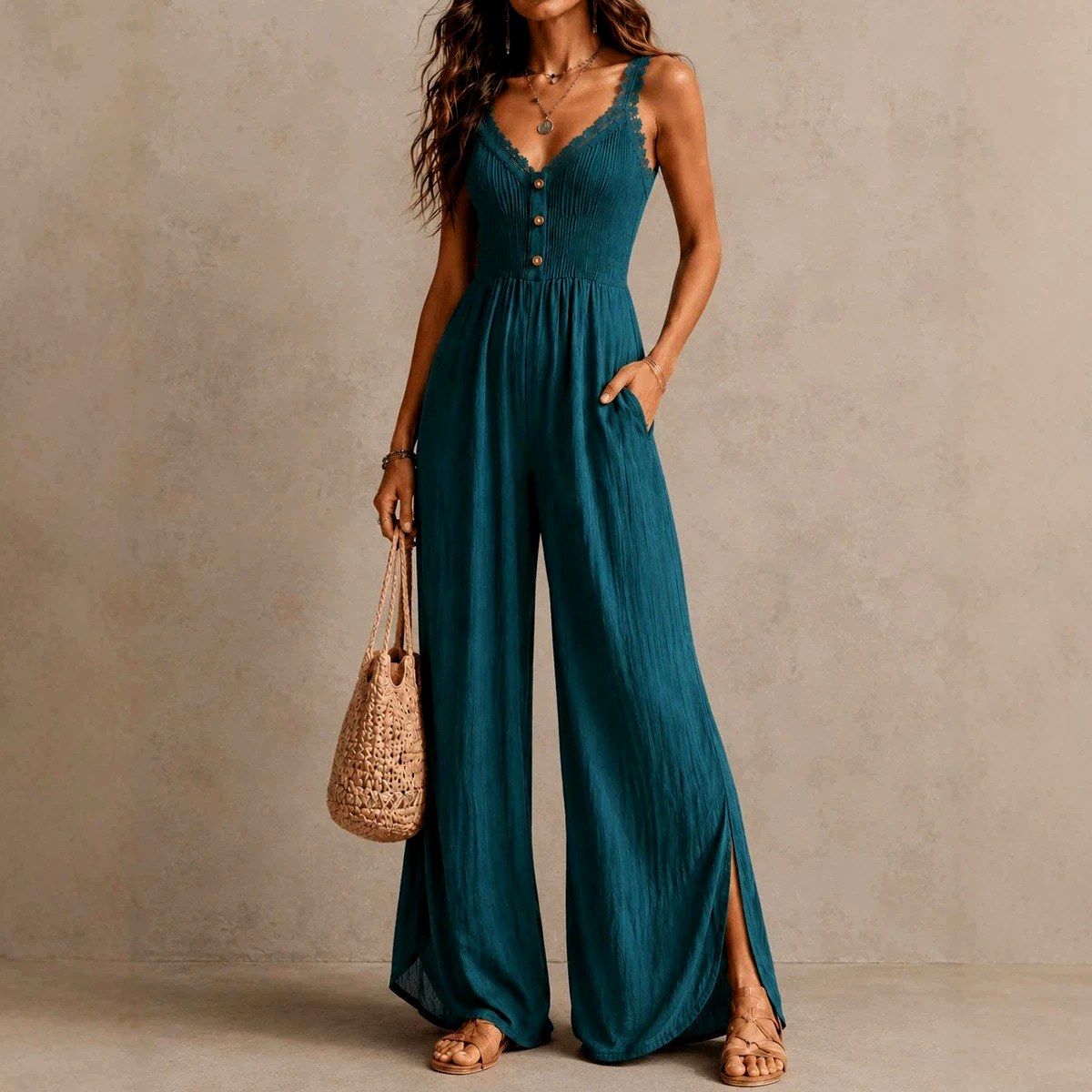 Marina - Women's Lace Trim V-Neck Wide Leg Jumpsuit 1