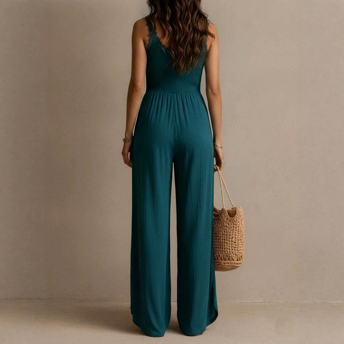 Marina - Women's Lace Trim V-Neck Wide Leg Jumpsuit 2