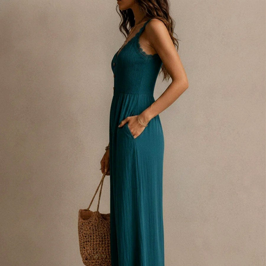 Marina - Women's Lace Trim V-Neck Wide Leg Jumpsuit 3