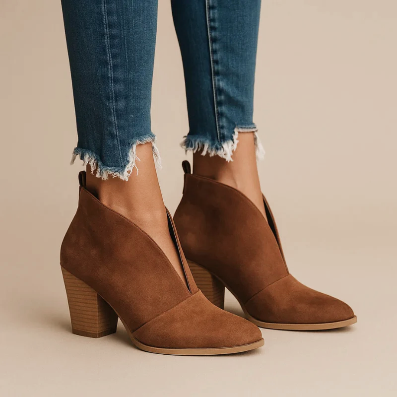 Marlene - Women's Deep V-Cut Suede Block Heel Ankle Boots