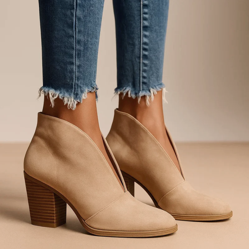 Marlene - Women's Deep V-Cut Suede Block Heel Ankle Boots