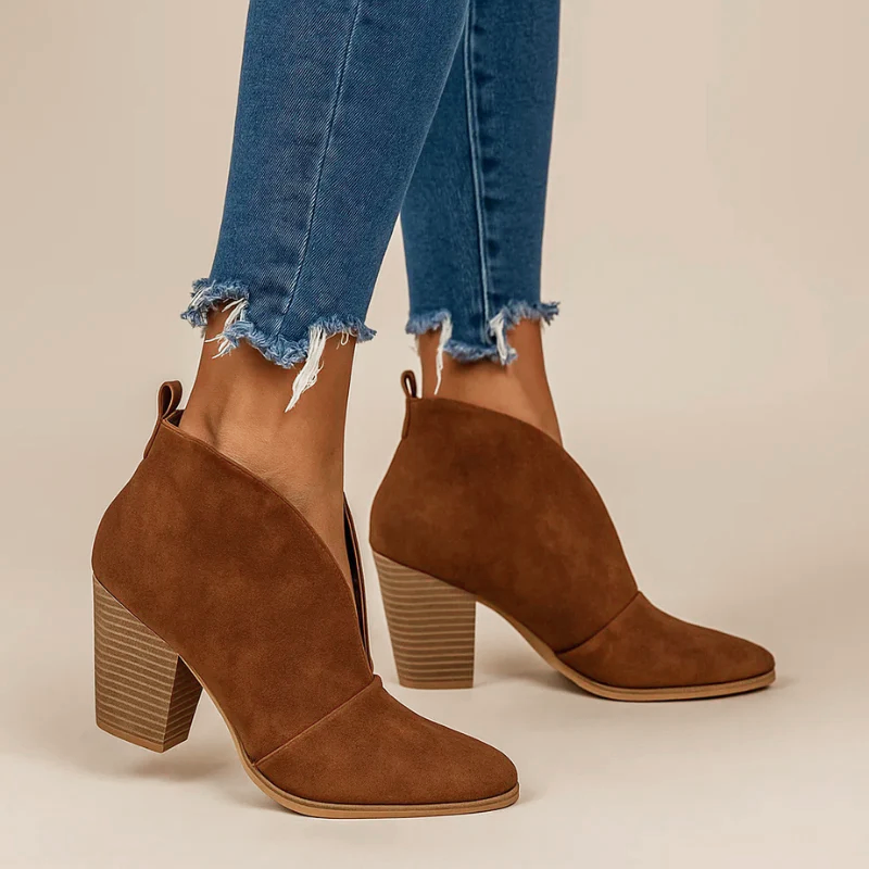 Marlene - Women's Deep V-Cut Suede Block Heel Ankle Boots