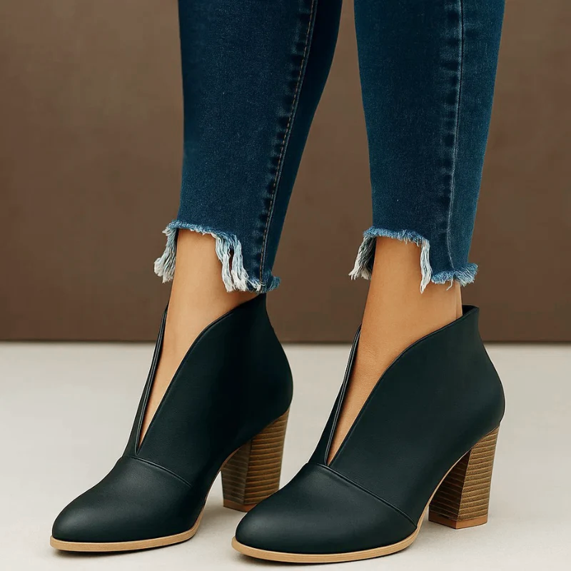 Marlene - Women's Deep V-Cut Suede Block Heel Ankle Boots