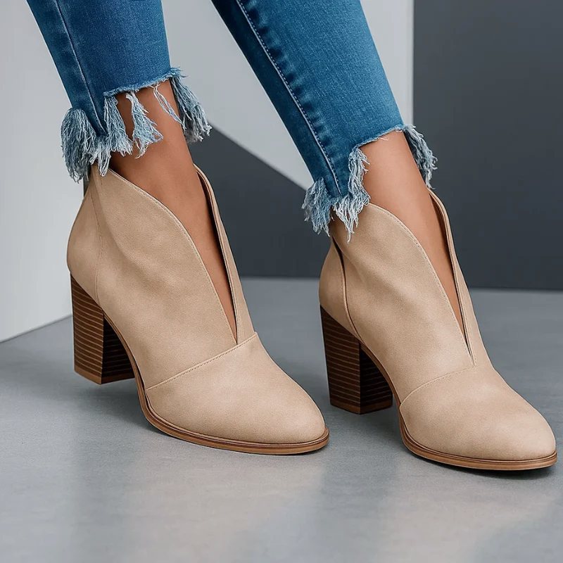 Marlene - Women's Deep V-Cut Suede Block Heel Ankle Boots